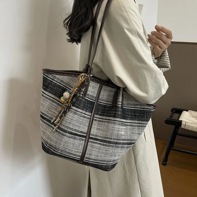 Large-Capacity Striped Canvas Tote Bag – Women's Shoulder Bag