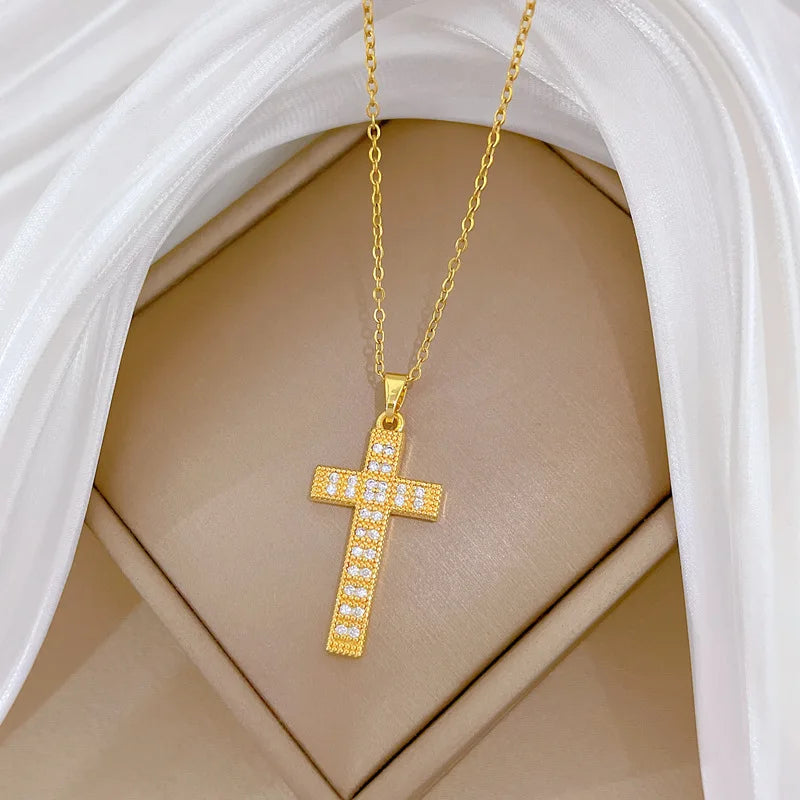 Women's Gold Cross Pendant Necklace – Stainless Steel Choker