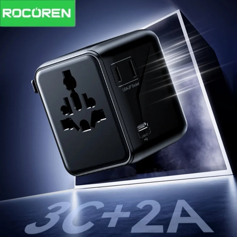 Rocoren Universal Travel Adapter GaN Fast Charging USB-C USB-A