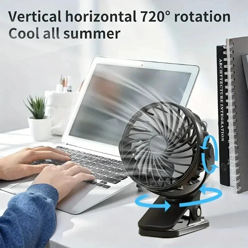 Portable Mini Clip Fan 720° Rotatable USB Rechargeable Night Light