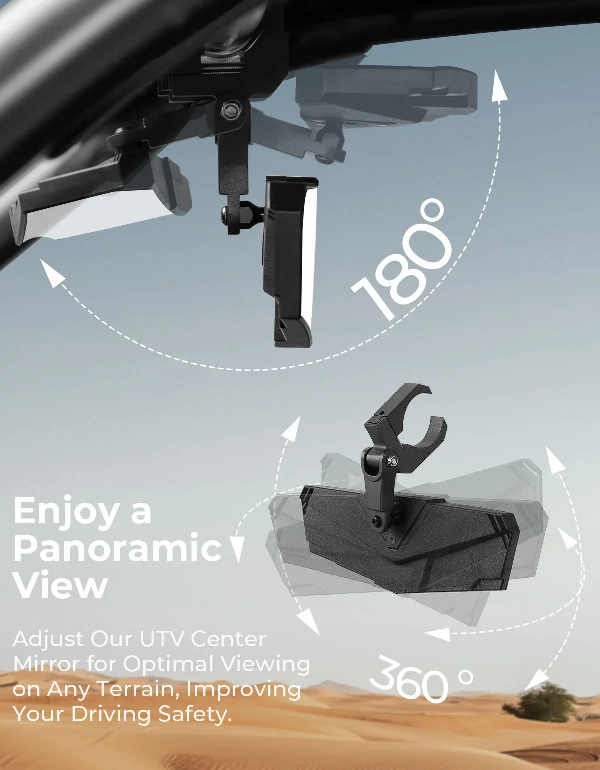 UTV Center Rear View Mirror – 360° Adjustable Aluminum Clamp