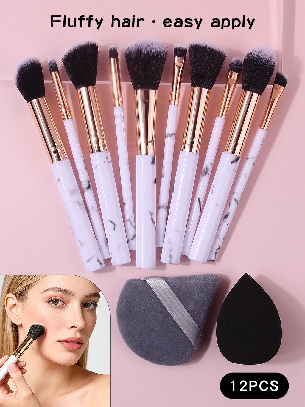 Marble Makeup Brush Set 12pc – Blush, Eyeshadow, Puff & Sponge
