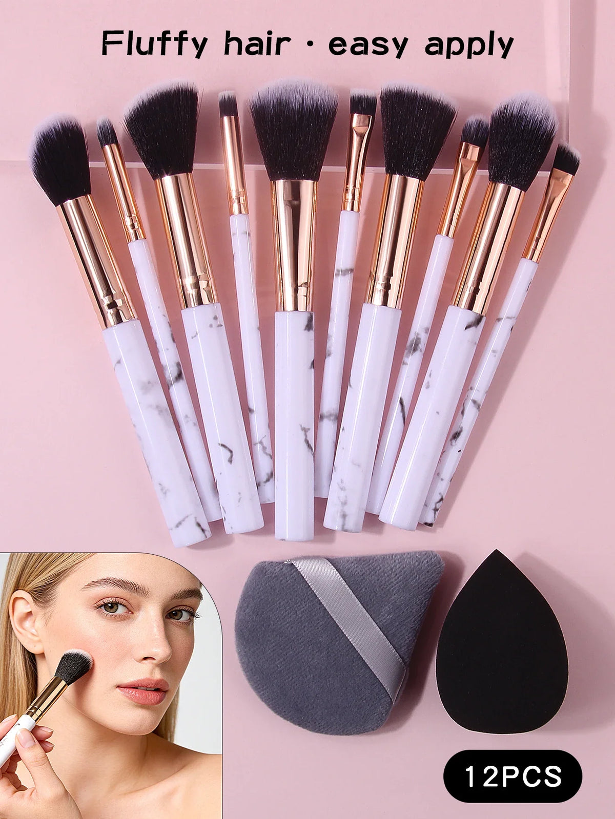 Marble Makeup Brush Set 12pc – Blush, Eyeshadow, Puff & Sponge