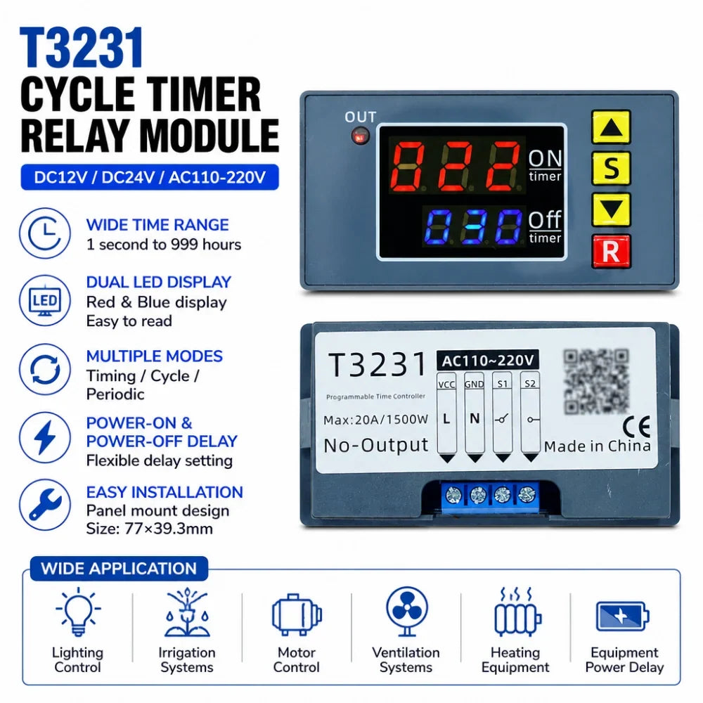 Gaqqee Digital Time Delay Relay Module DC 12V 24V AC 110–220V
