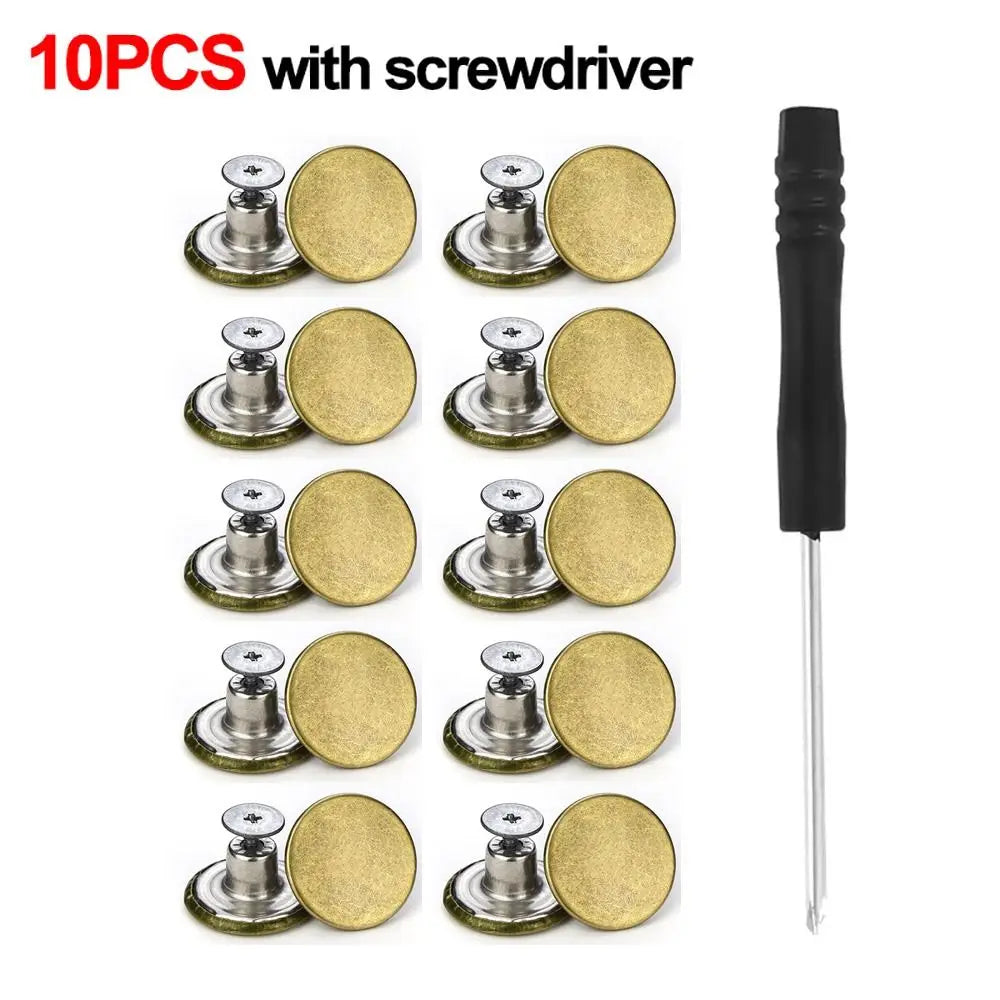 10Pcs 17mm Metal Jeans Buttons No-Sew Shank Buttons + Screwdriver