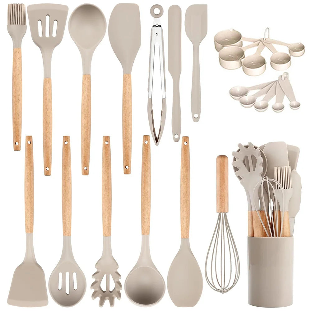 24-Piece Silicone Kitchen Utensil Set – Wooden Handles