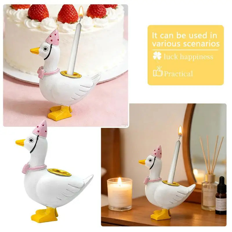 Goose Candle Holder Figurine Pink Party Hat – Birthday Decor