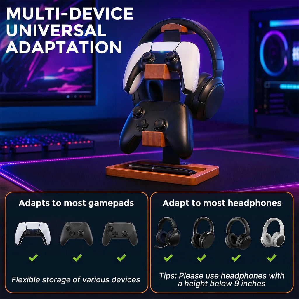 Solid Wood 3-Tier Headphone & Gamepad Organizer Stand