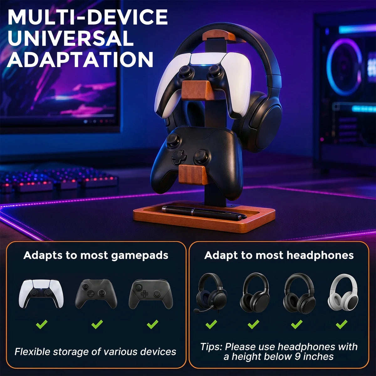 Solid Wood 3-Tier Headphone & Gamepad Organizer Stand