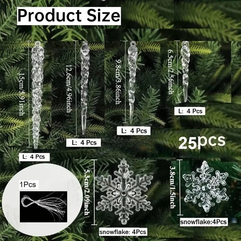 25Pcs Acrylic Crystal Christmas Snowflake & Icicle Ornament Set