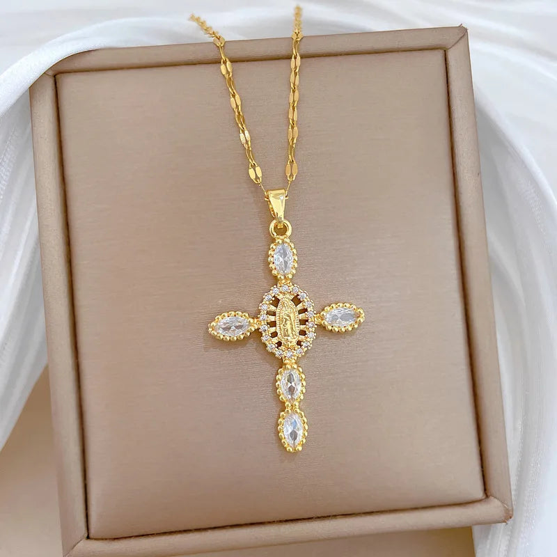 Women's Gold Cross Pendant Necklace – Stainless Steel Choker