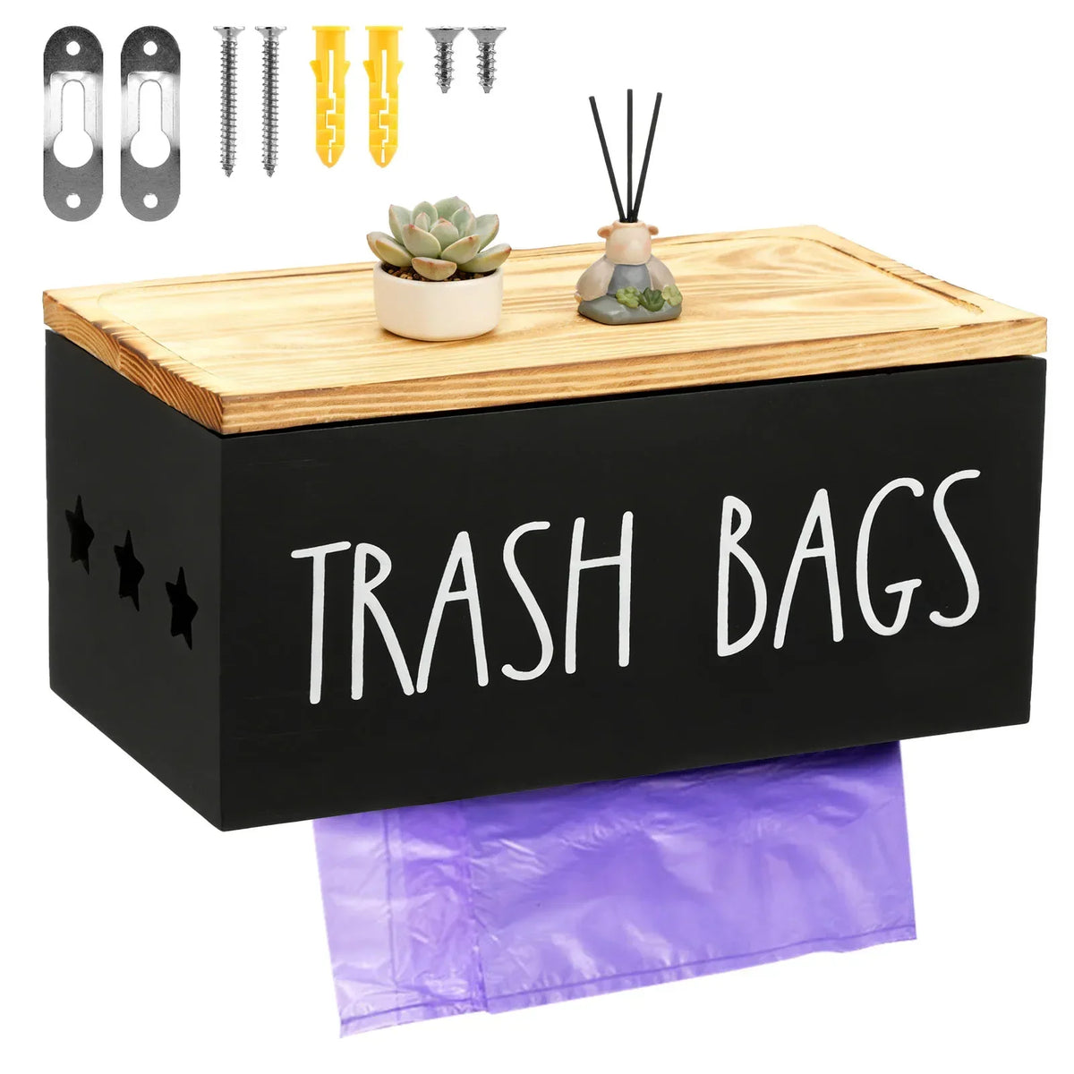 Wall Mount Wooden Trash Bag Roll Holder & Kitchen Organizer
