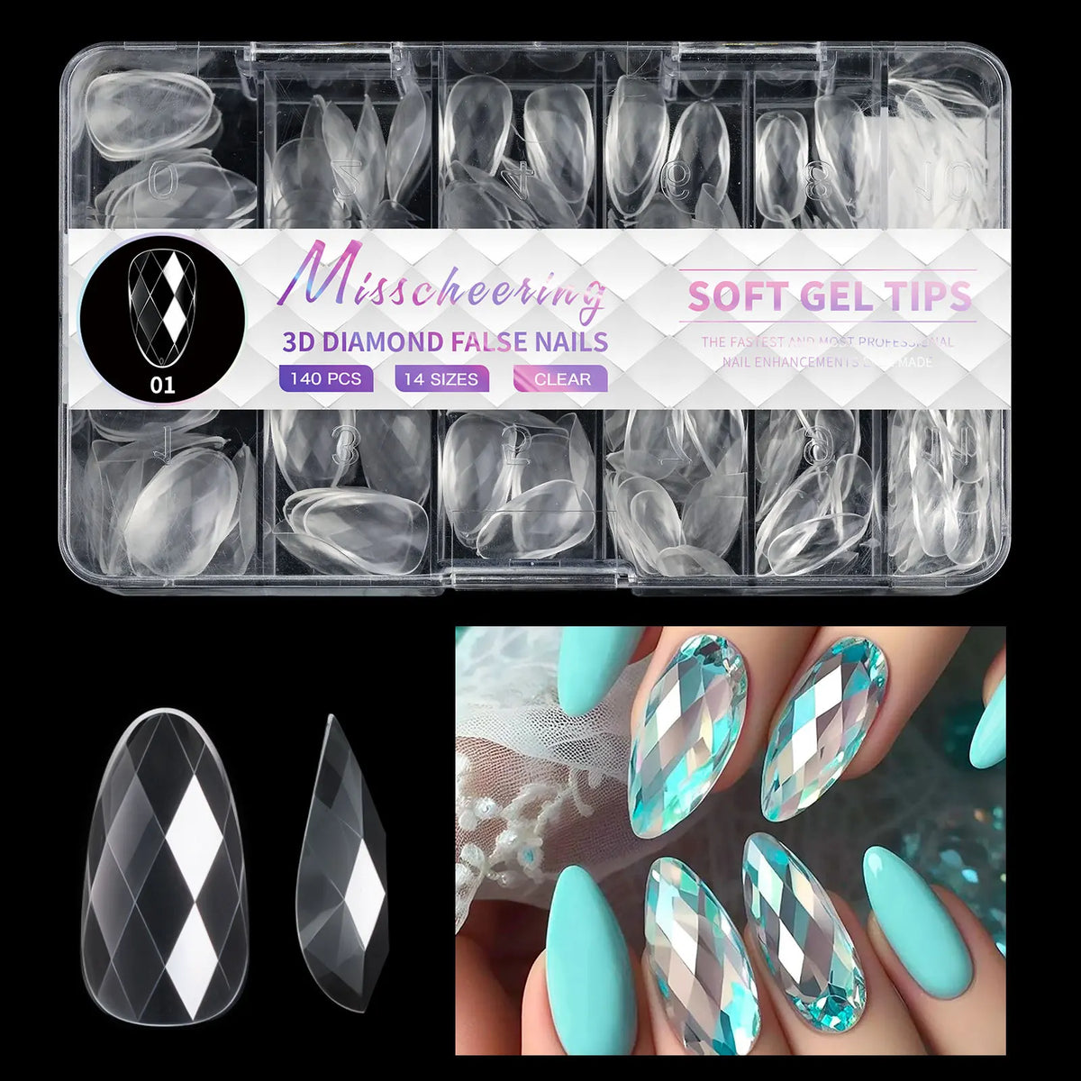 3D Diamond Almond Ballet Press On Nails – Long False Nails Set