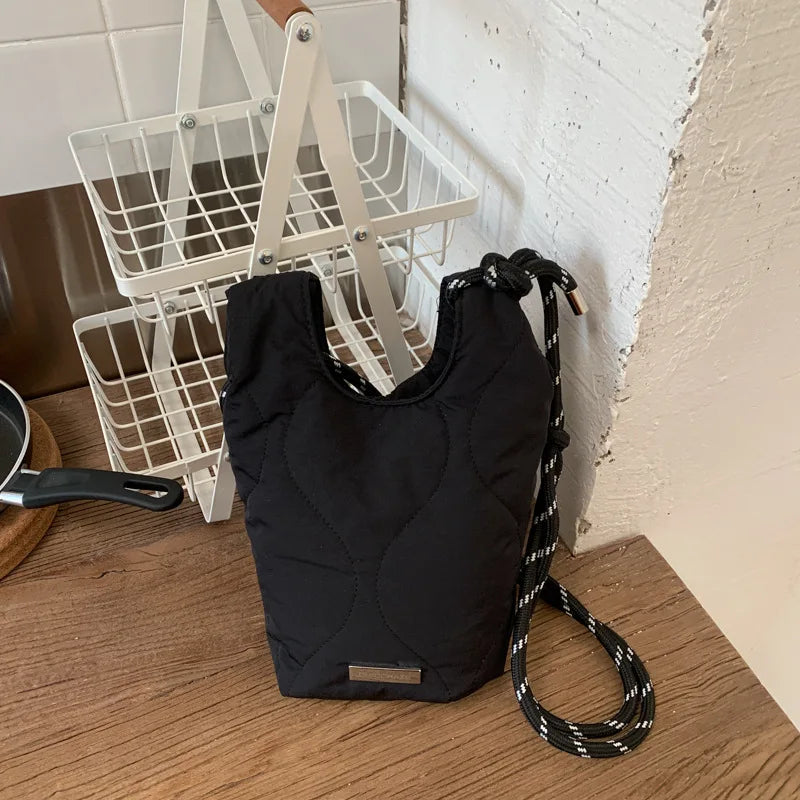 Women's Quilted Crossbody Phone Bag – Solid Mini Bucket Bag