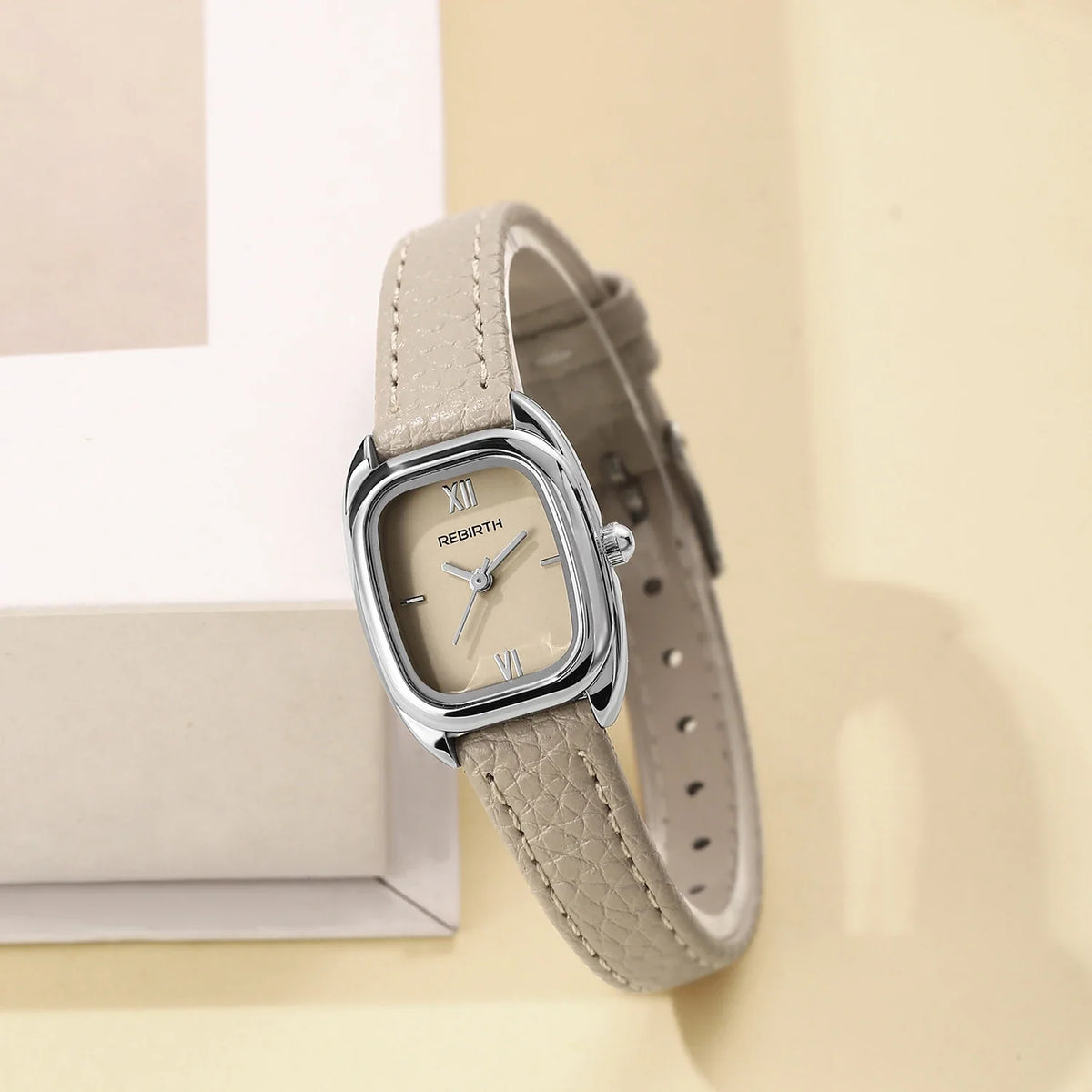 REBIRTH Square Women's Quartz Watch – Brown Leather Strap