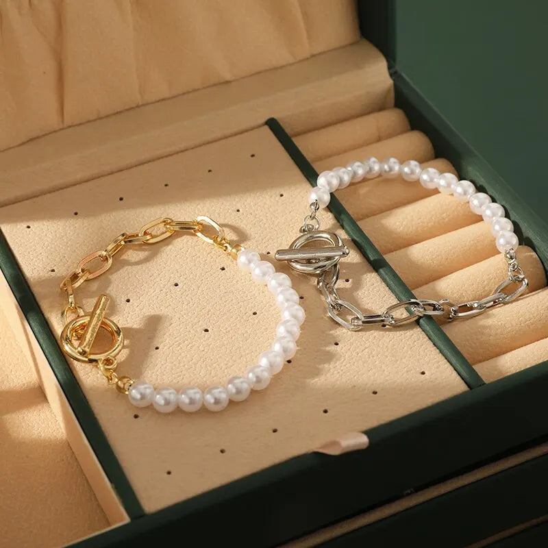 2pcs Vintage Pearl Metal Bead Strand Bracelets – Unisex Set