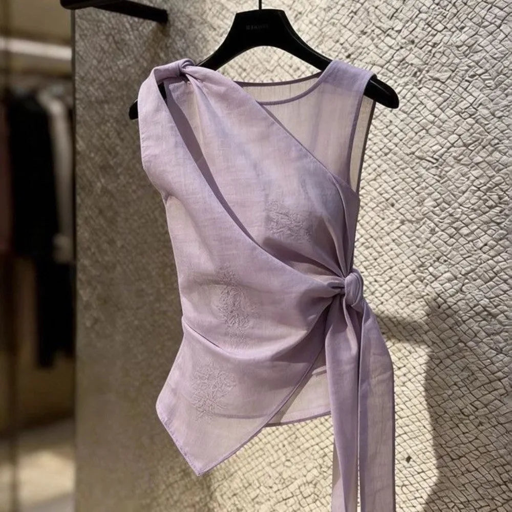 Women's Sleeveless Tulle Tie-Front Top | Elegant Chinese Style