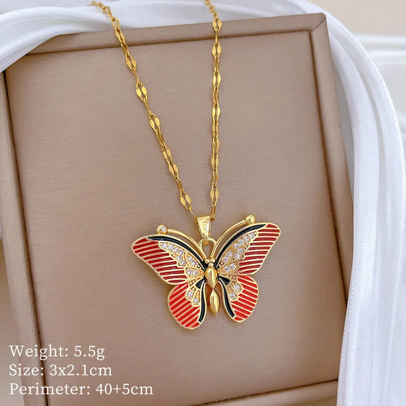 Red Butterfly Pendant Necklace – Gold Stainless Steel Choker