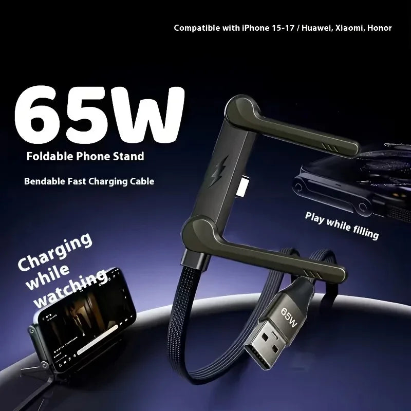 240W 180° Elbow Fast Charging Cable + Foldable Phone Holder Stand