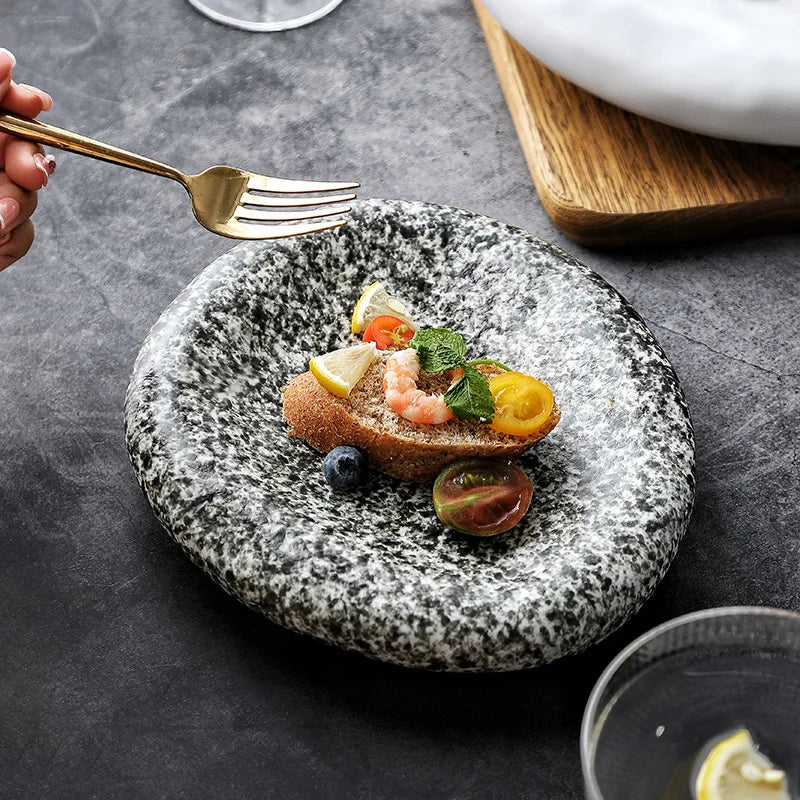 Japanese Stone Pattern Ceramic Plates – Sushi, Steak & Dinner