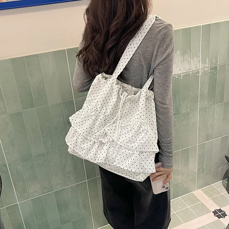 Korean Polka Dot Ruffled Tote Bag | Large Canvas Shoulder Bag