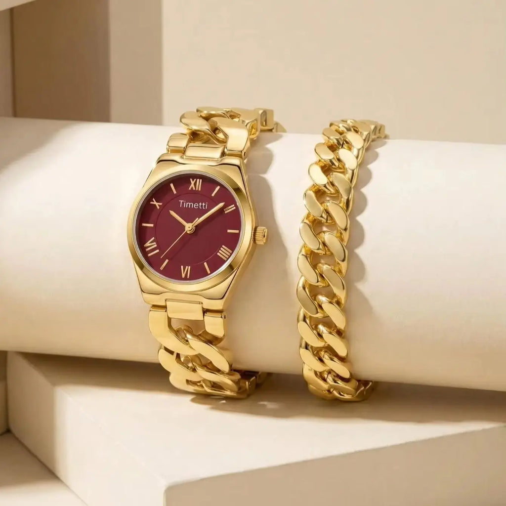 Women's Gold Watch & Bracelet Set | Quartz Roman Numeral