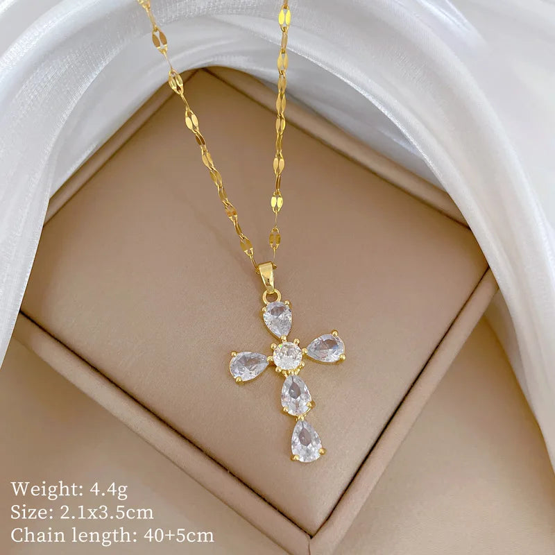 Women's Gold Cross Pendant Necklace – Stainless Steel & Zircon