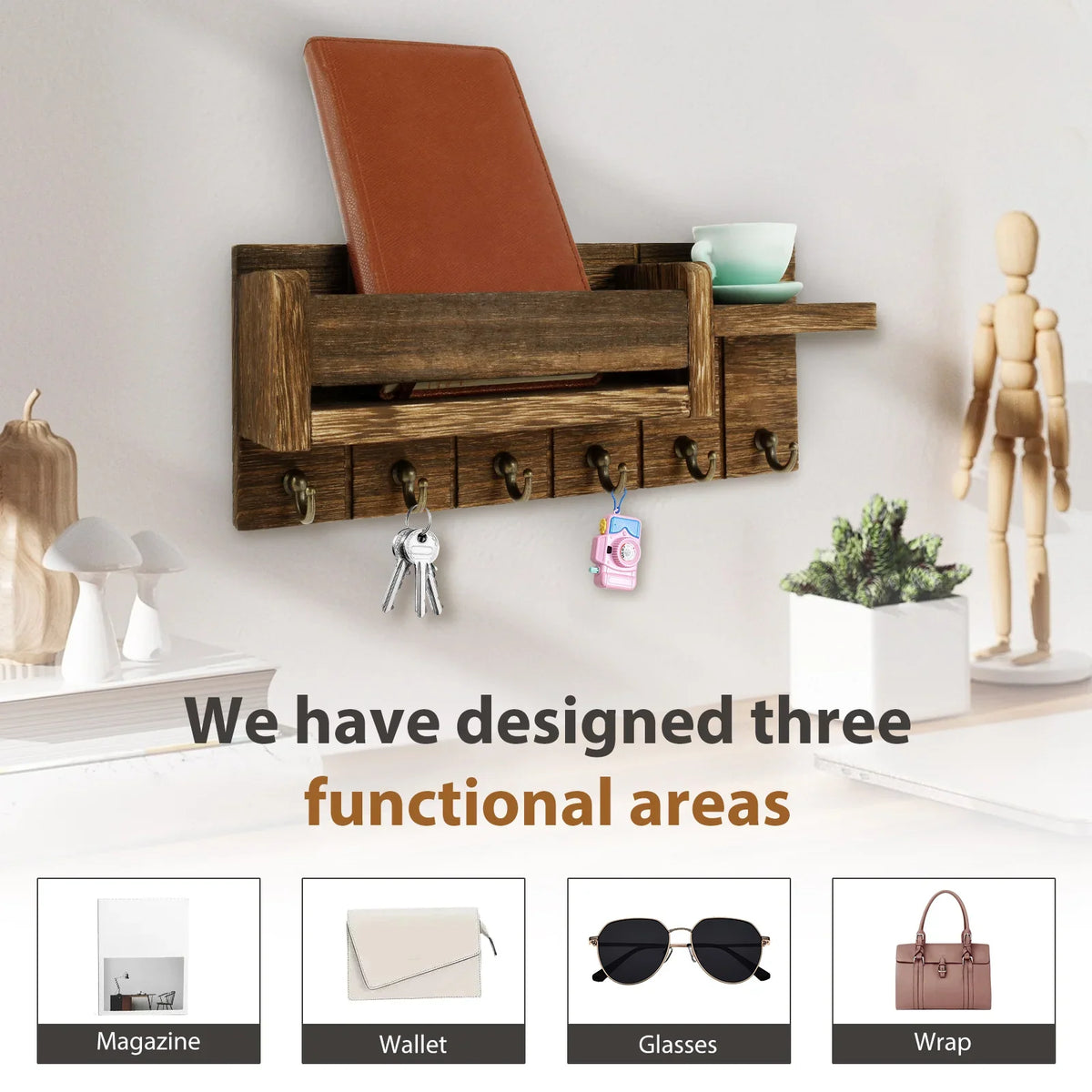 Wall Mount Mail Organizer & Key Holder with Shelf & Hooks