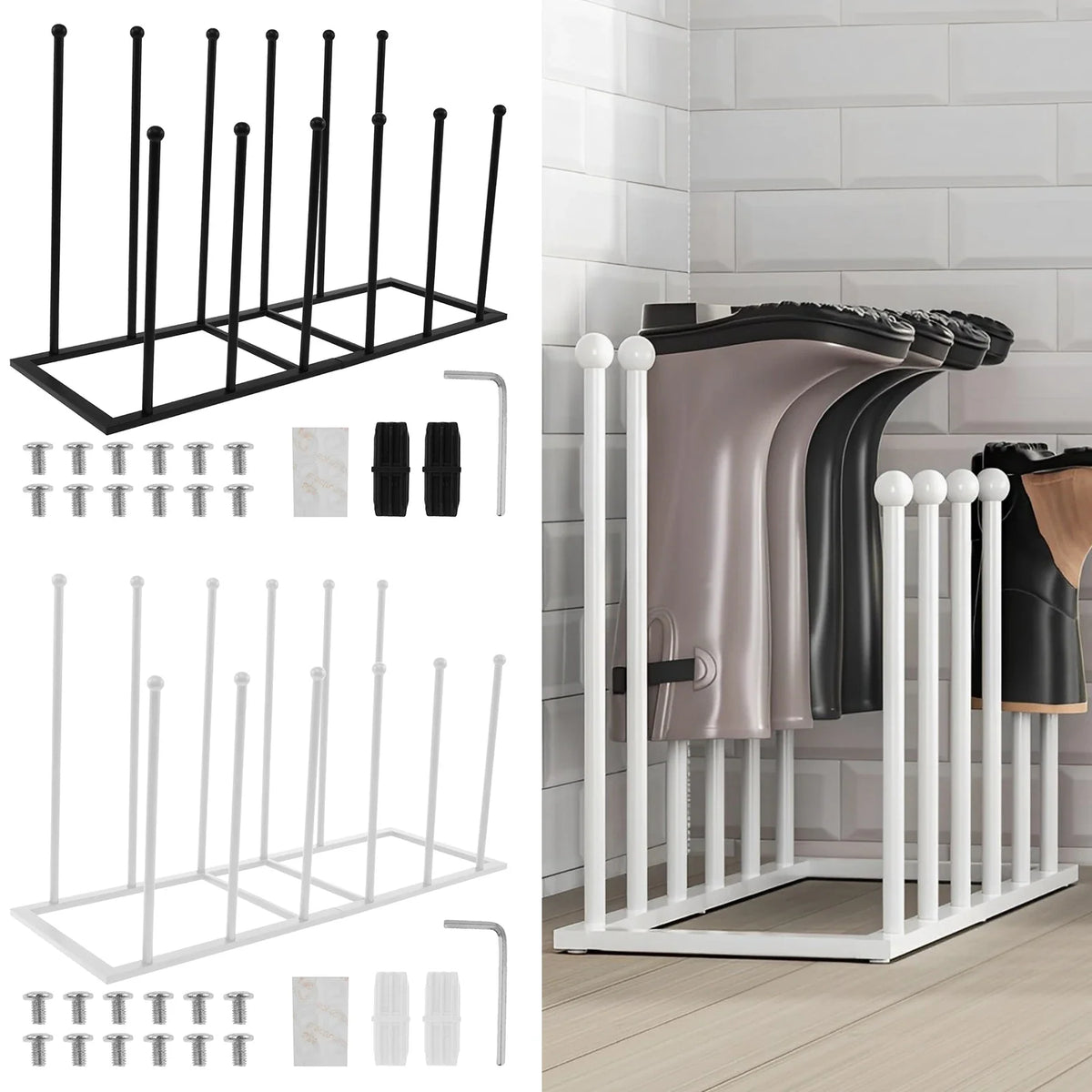 Free Standing Metal Boot Rack – Holds 6 Pairs, Black & White