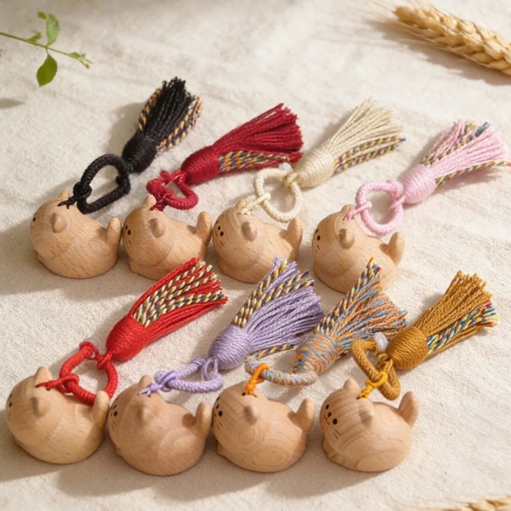 Hand Carved Wooden Cat Keychain with Tassel | Lucky Cat