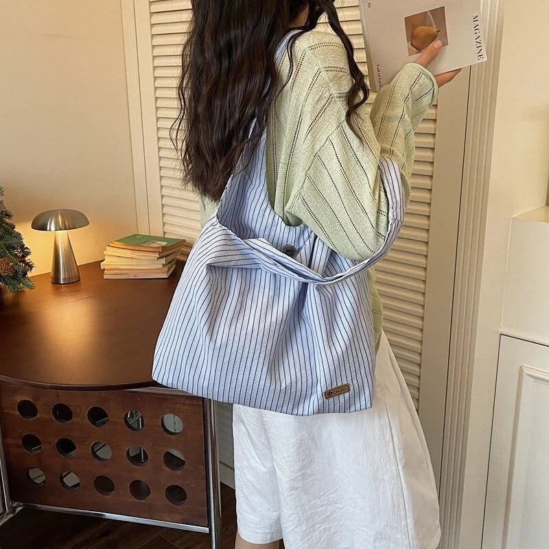 Women's Striped Canvas Tote – Large Crossbody Shoulder Bag