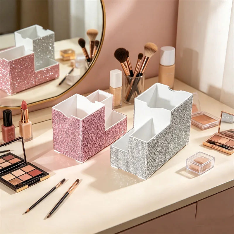 Rhinestone Makeup Organizer – Divided Desktop Storage Case