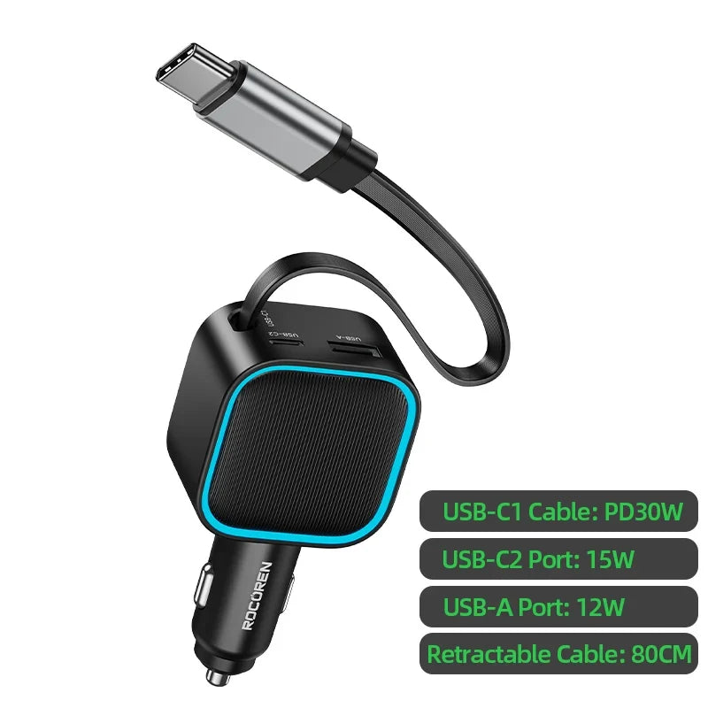 Rocoren 3-in-1 PD 30W Retractable Car Charger 2C+A Ports