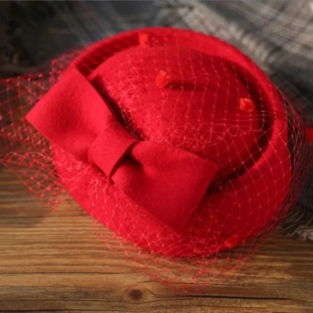 Women's Wool Fascinator Hat – Mesh Veil Bowknot Bridal Headwear