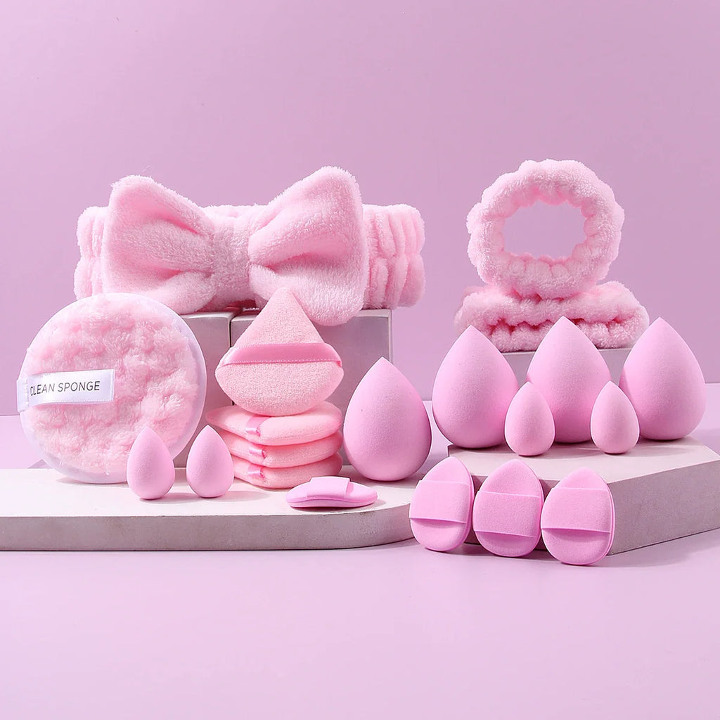20PCS Facial Cleansing & Makeup Tool Set – Sponge Puffs & Hair Band