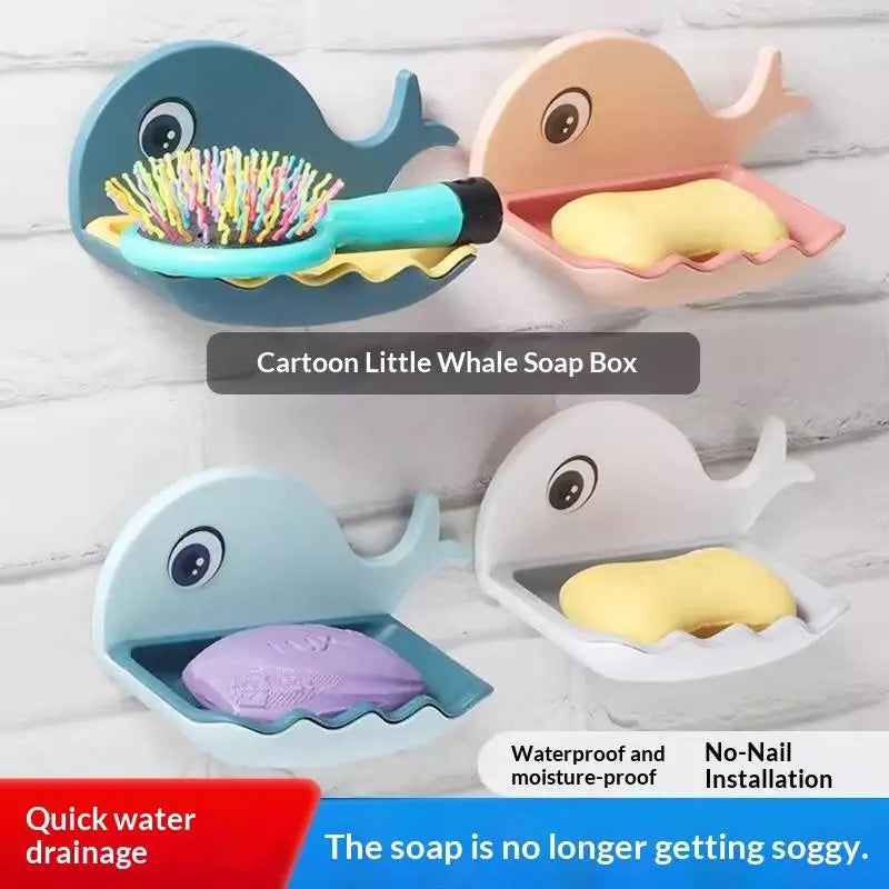 Whale-Shaped No-Drill Adhesive Soap Dish with Drainage