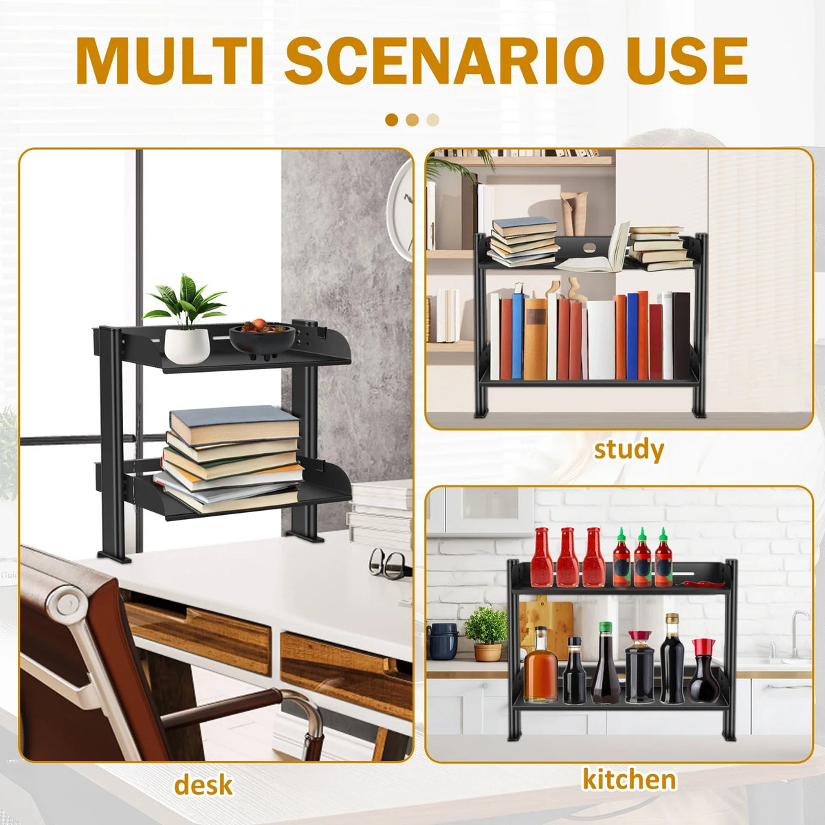 2-Tier Clamp-On Desk Shelf | Carbon Steel Desktop Organizer