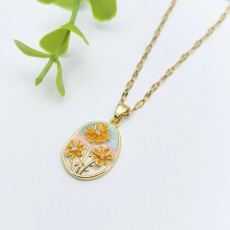 Vintage Copper Floral Pendant Necklace | Gold-Plated Zircon