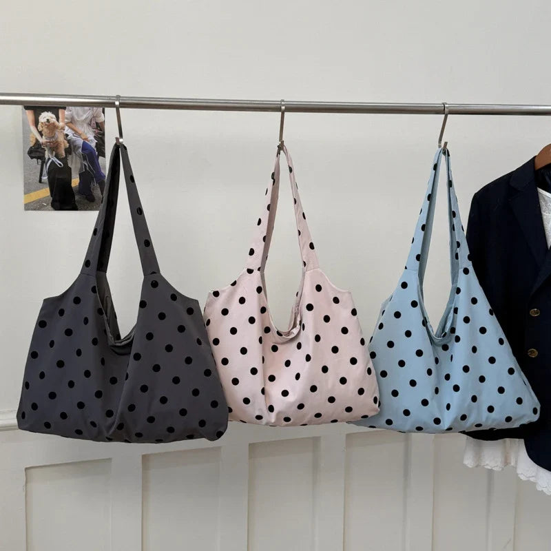 Korean Polka Dot Canvas Tote Bag – Retro Minimalist Shoulder Bag