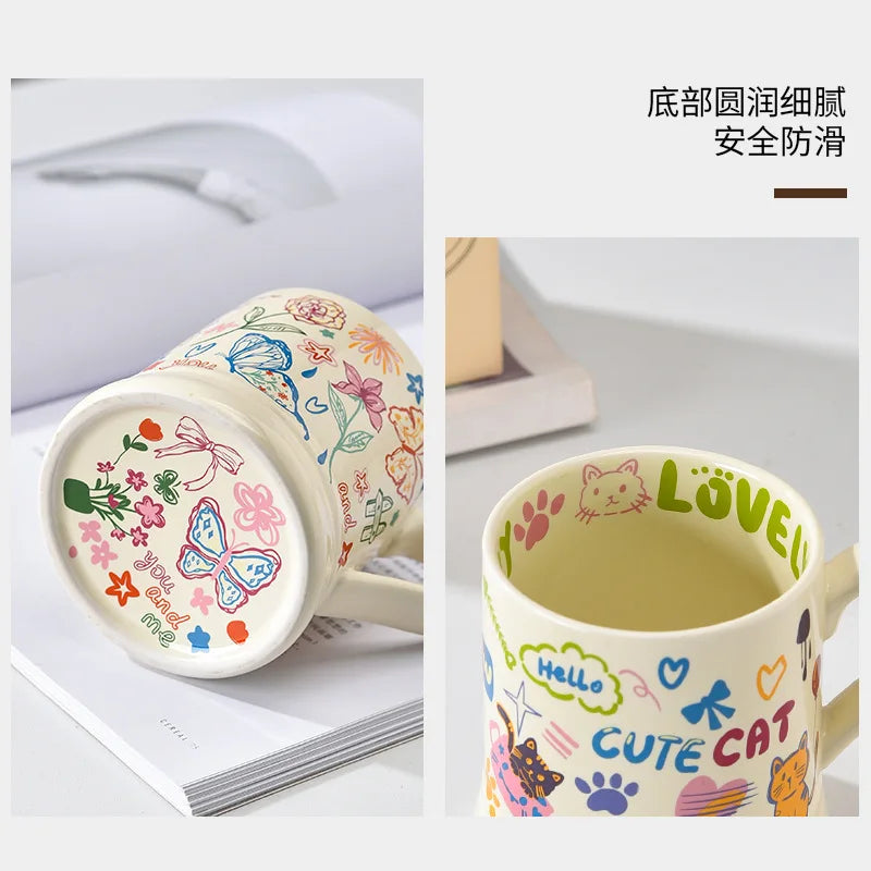 French Style Cat & Butterfly Ceramic Mug 370ml | Cute Gift