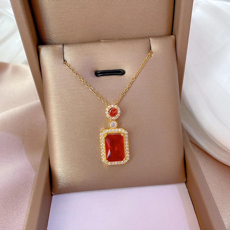 Women's Gold Zirconia Square Pendant Necklace – Stainless Steel