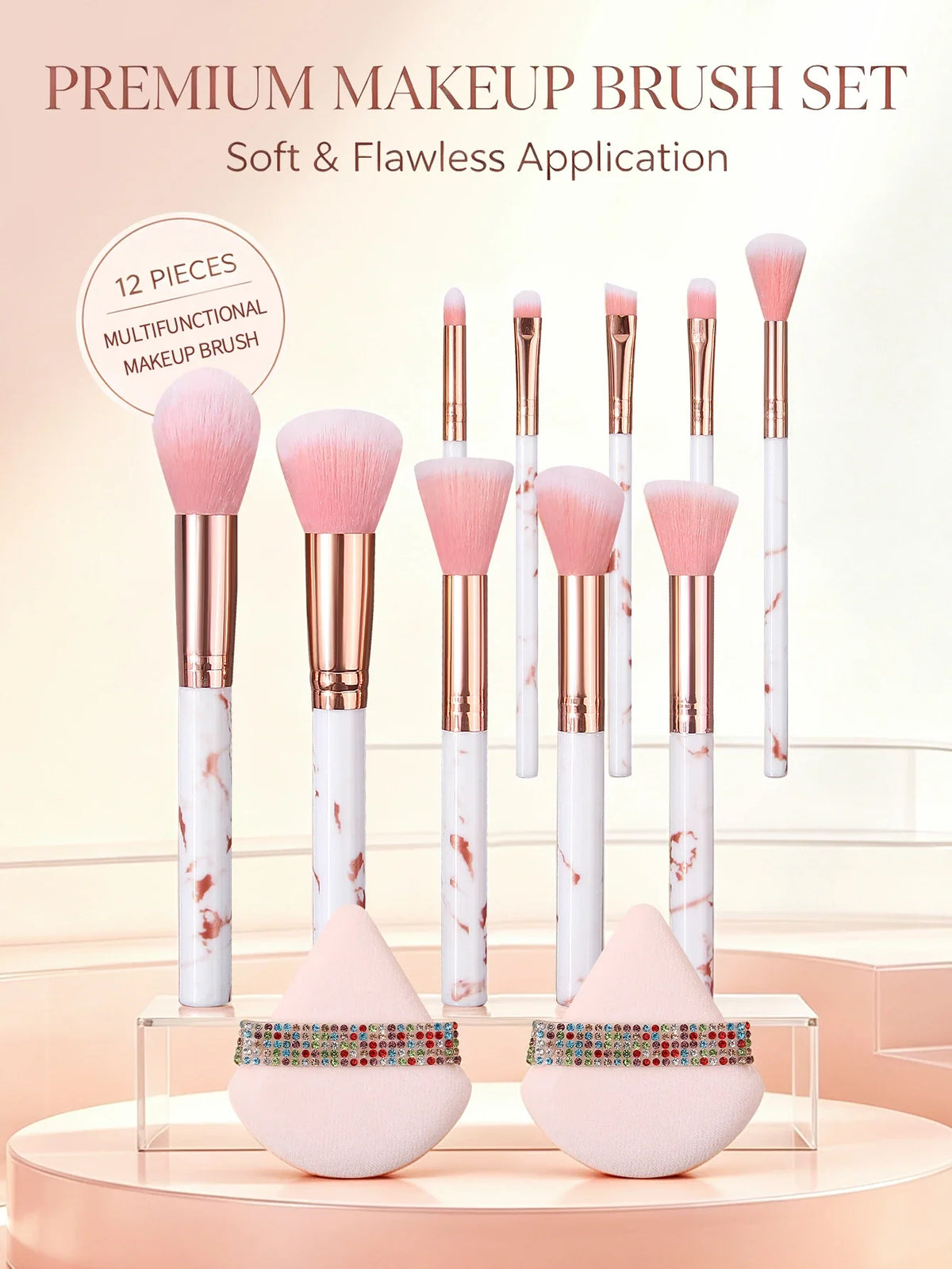 12-Piece Marble Makeup Brush Set with Rhinestone Puffs | Nixie