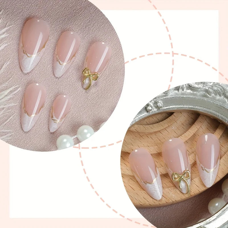 24Pcs White Almond Press-On Nails Gold 3D Bow Gradient | Nixie