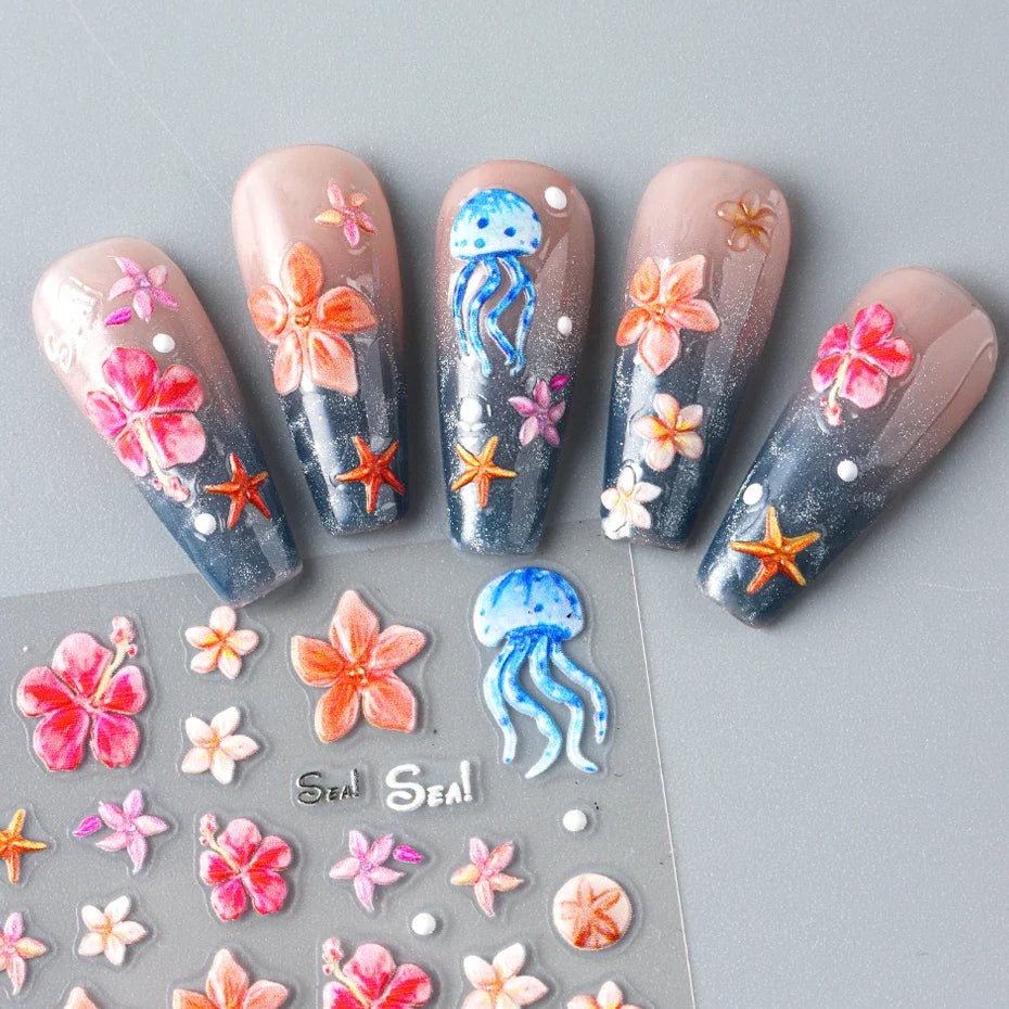 3D Ocean Beach Nail Stickers – Shells, Starfish & Floral Decals