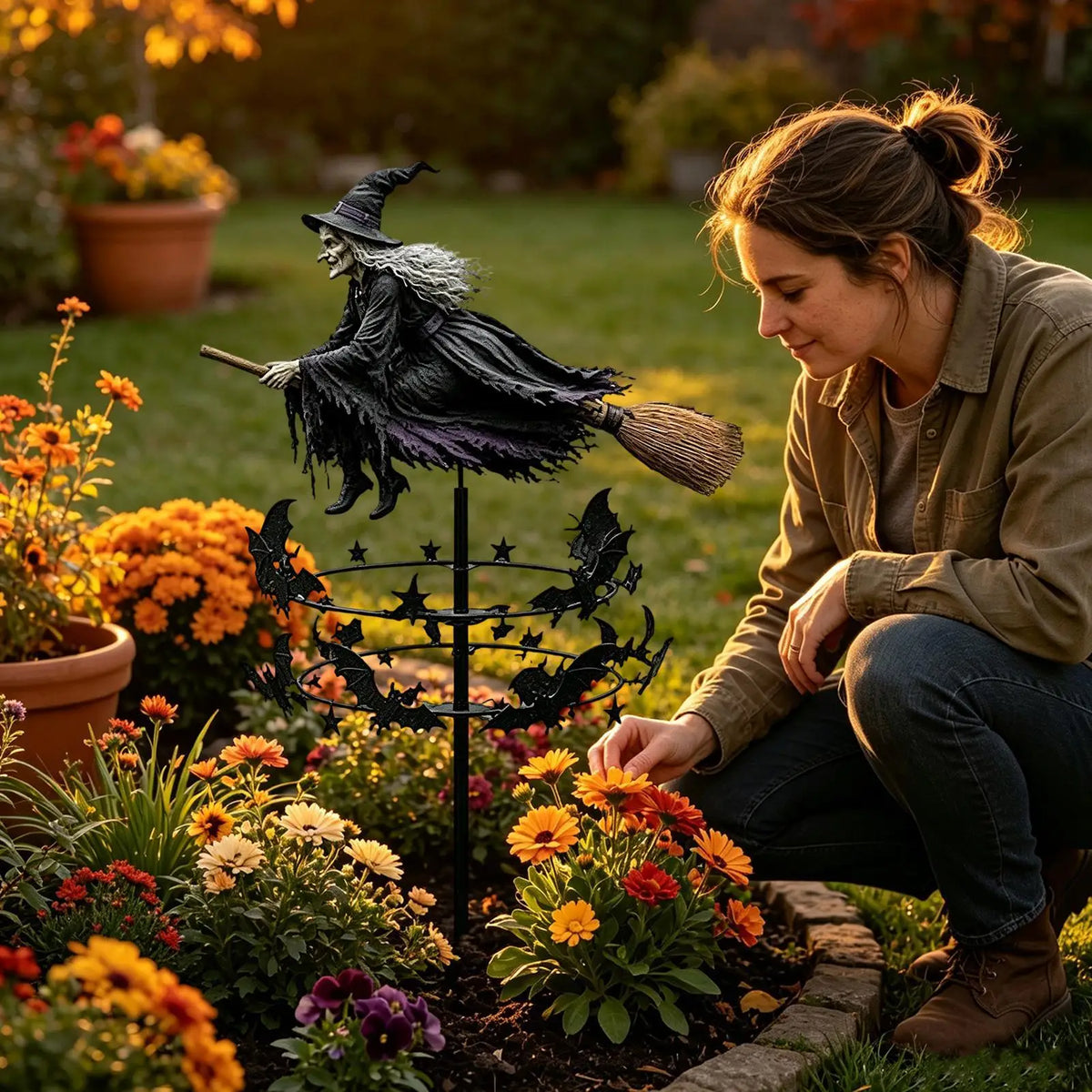 Witch Garden Wind Spinner | Halloween Rotating Pinwheel with Stake