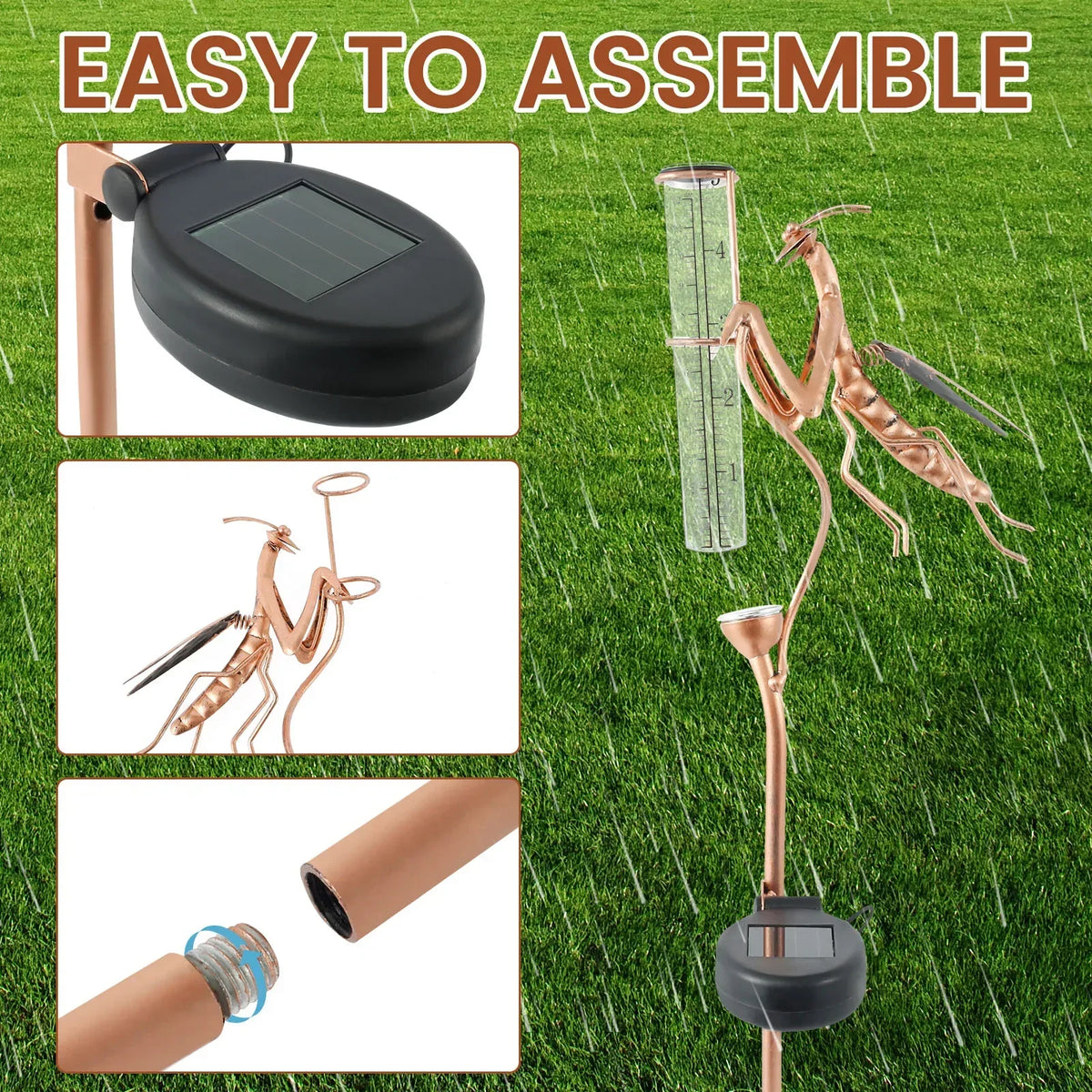 Solar Mantis Rain Gauge with LED Light – Decorative Garden Tool