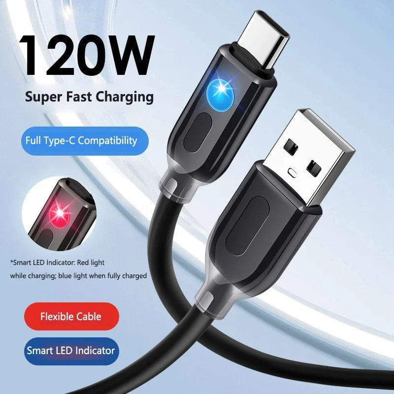 120W USB-C Fast Charging Cable with RGB Flowing LED Light