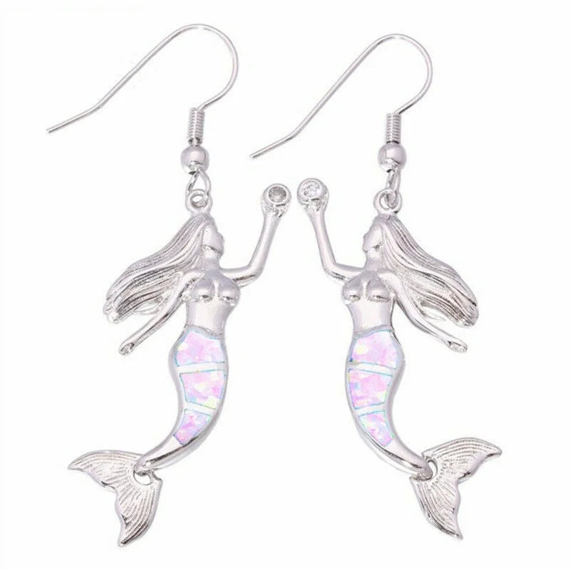 Women's Mermaid Simulated Opal Silver Long Drop Earrings
