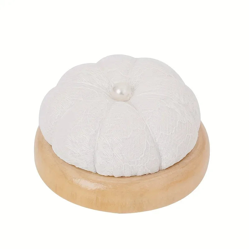 Pumpkin Lace Pincushion Wooden Base – Needle Organizer