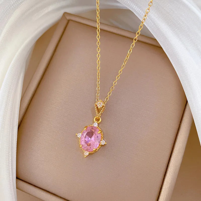 Women's Pink Zircon Pendant Gold Stainless Steel Necklace